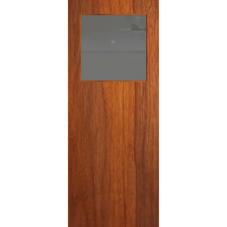 Wooden door with a rectangular glass panel on a transparent background. BFR15MerbauGrey.