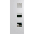 White door with glass panels featuring reflections of a room interior. BFR1DuraXPClear.