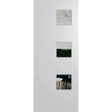 White door with glass panels featuring reflections of a room interior. BFR1DuraXPClear.