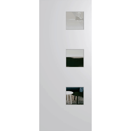 White door with glass panels featuring reflections of a room interior. BFR1DuraXPClear.