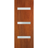 Wooden door with three silver rectangular handles on a white background. BFR2MerbauFrost.