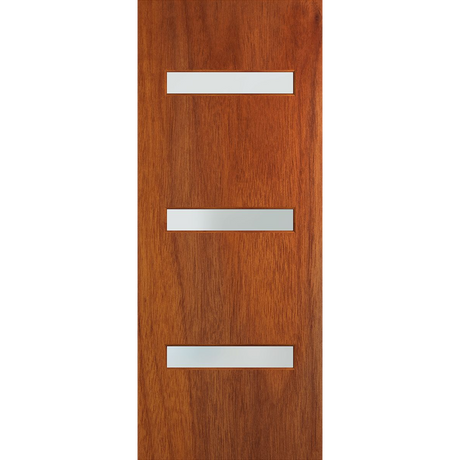 Wooden door with three silver rectangular handles on a white background. BFR2MerbauFrost.