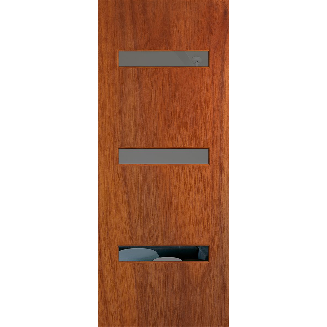 Wooden door with glass panels on a white background. BFR2MerbauGrey