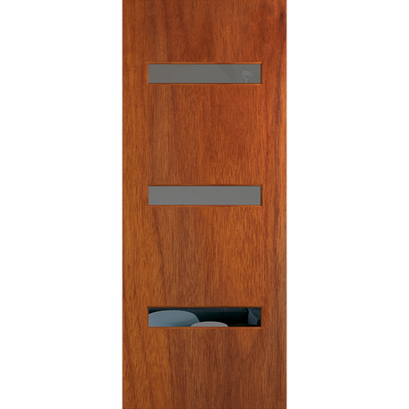 Wooden door with glass panels on a white background. BFR2MerbauGrey