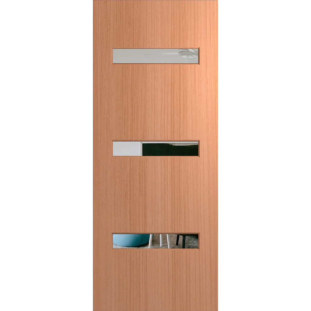 Wooden door with metallic handle and glass panels on a white background. BFR2SPMClear