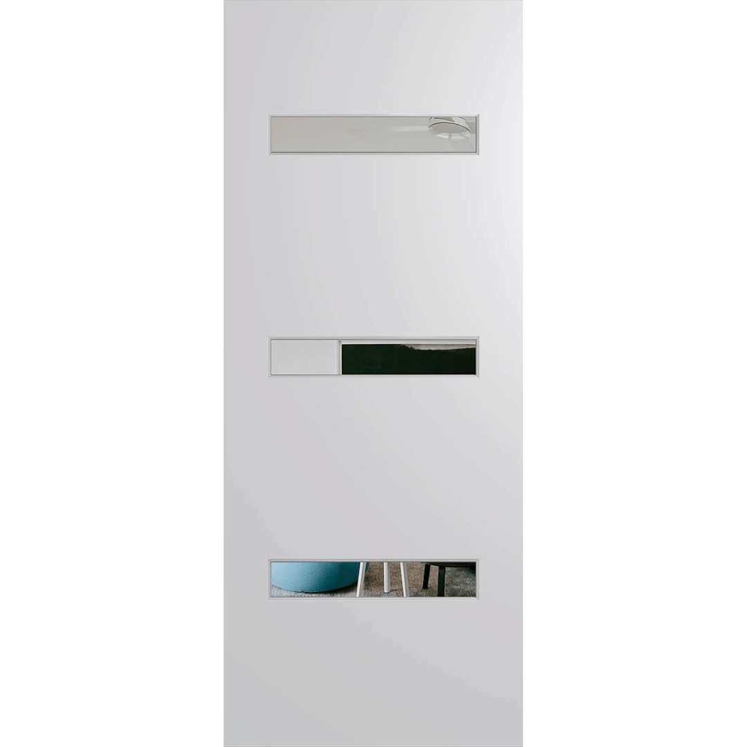 Modern white door with glass panels on a green background. BFR2_DuraXP_Clear