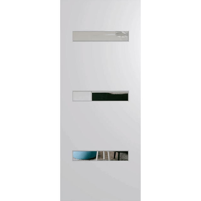 Modern white door with glass panels on a green background. BFR2_DuraXP_Clear