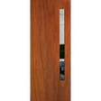 Wooden door with a narrow glass panel on a white background. BFR3MerbauClear