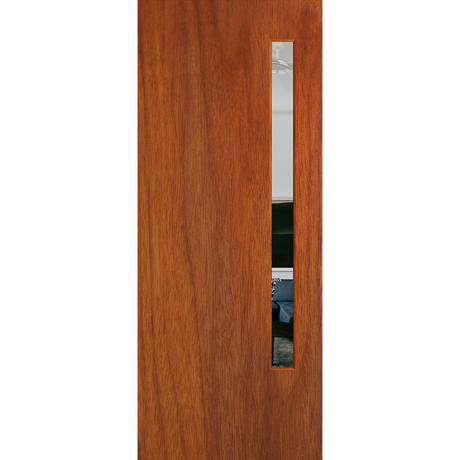 Wooden door with a narrow glass panel on a white background. BFR3MerbauClear