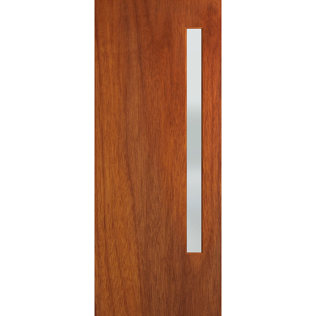 Wooden door with a vertical glass panel on a white background. BFR3MerbauFrost