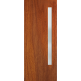 Wooden door with a vertical glass panel on a white background. BFR3MerbauFrost