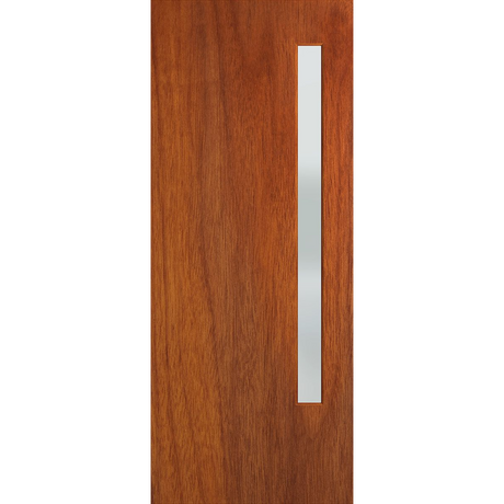 Wooden door with a vertical glass panel on a white background. BFR3MerbauFrost
