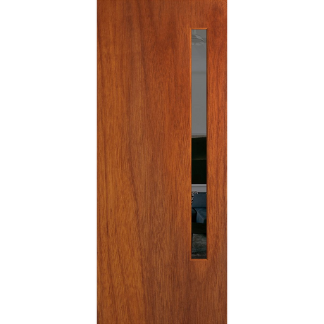 Wooden door with a rectangular glass panel on a white background. BFR3MerbauGrey