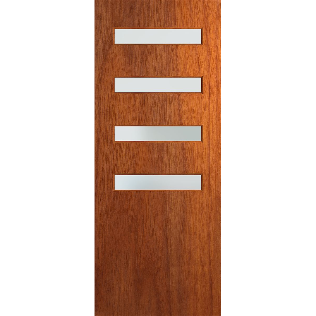 Wooden door with three horizontal glass panels on a white background. BFR4013MerbauFrost.
