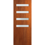 Wooden door with three horizontal glass panels on a white background. BFR4013MerbauFrost.