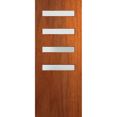 Wooden door with three horizontal glass panels on a white background. BFR4013MerbauFrost.