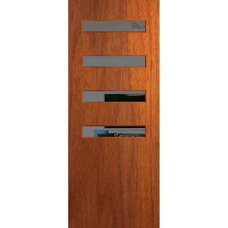 Wooden door with glass panels on a white background. BFR4013MerbauGrey.