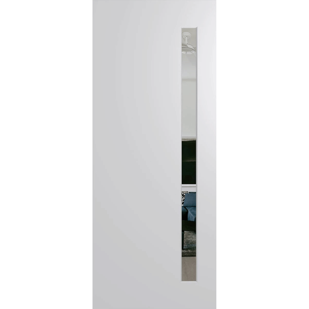 White door with a narrow vertical window on a green background. BFR401DuracoteClear.