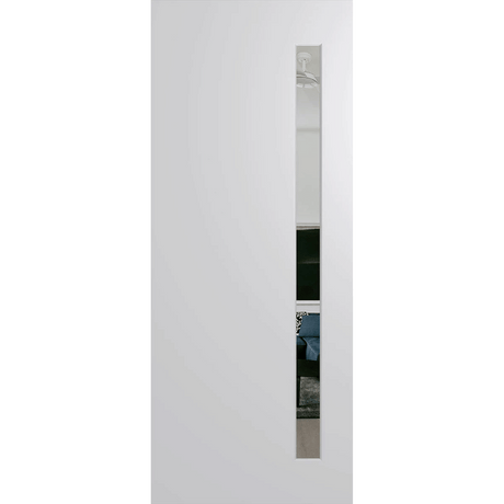 White door with a narrow vertical window on a green background. BFR401DuracoteClear.