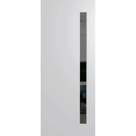White door with a narrow vertical window on a green background. BFR401DuracoteGrey.