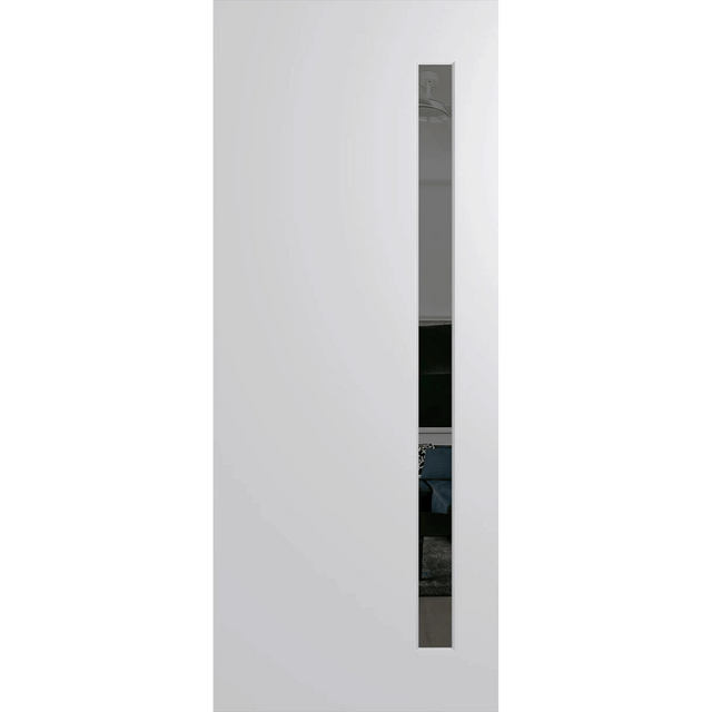 White door with a narrow vertical window on a green background. BFR401DuracoteGrey.