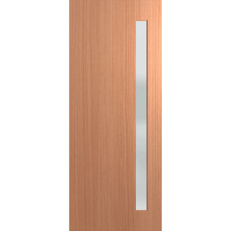 Wooden door with a vertical glass panel on a green background. BFR401SPMFrost.