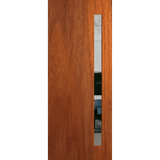 Wooden door with a metallic handle on a green background. BFR401_Merbau_Clear.