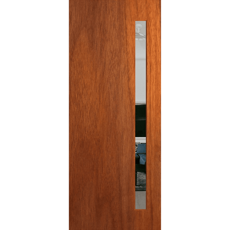 Wooden door with a metallic handle on a green background. BFR401_Merbau_Clear.