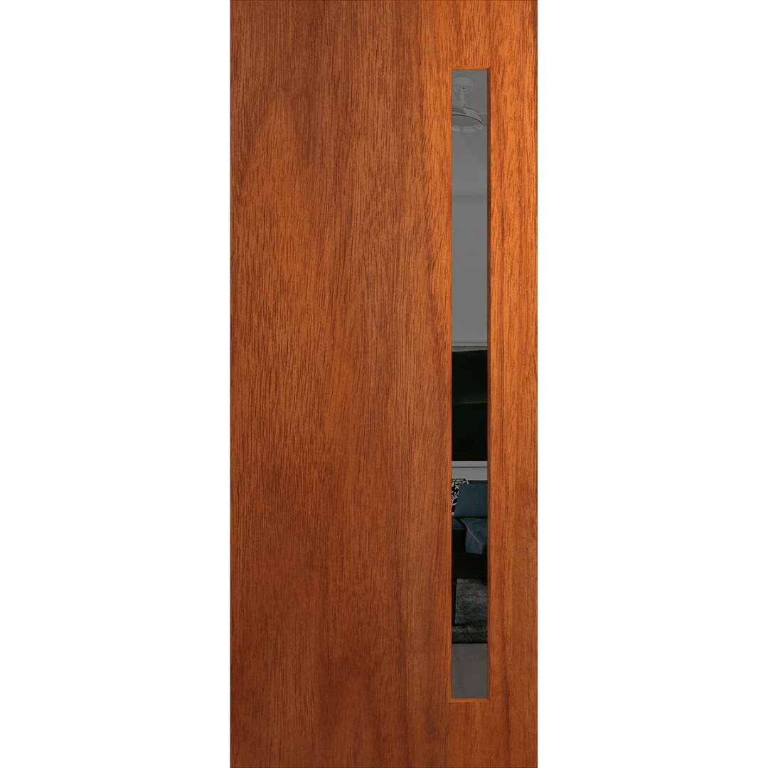 Wooden door with a rectangular glass panel on a transparent background. BFR401_Merbau_Grey.