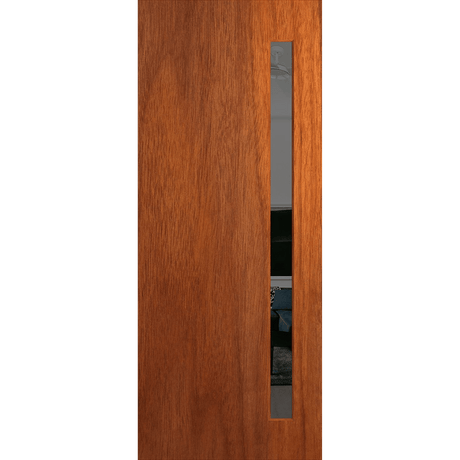 Wooden door with a rectangular glass panel on a transparent background. BFR401_Merbau_Grey.