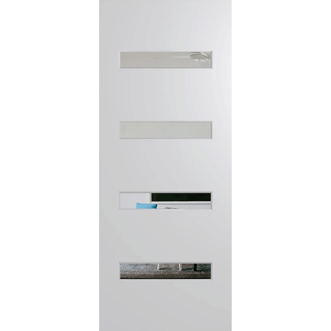 White door with glass panels on a green background. BFR405DuracoteClear.