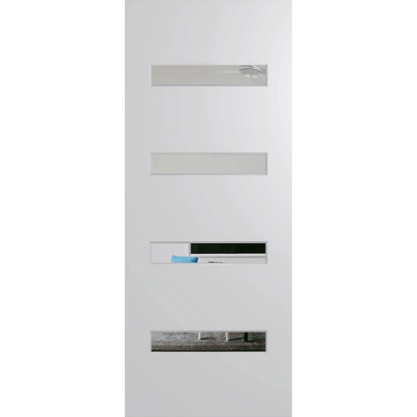 White door with glass panels on a green background. BFR405DuracoteClear.