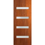 Wooden door with four rectangular glass panels on a transparent background. BFR405MerbauFrost.