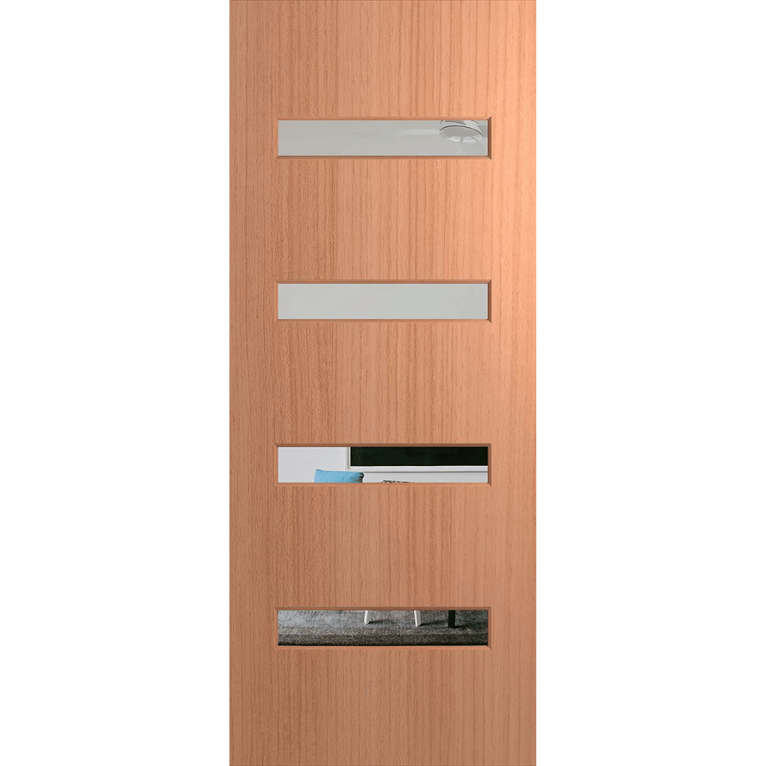 Wooden door with metallic handles on a green background. BFR405SPMClear.