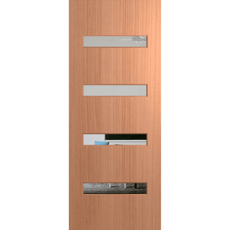 Wooden door with metallic handles on a green background. BFR405SPMClear.