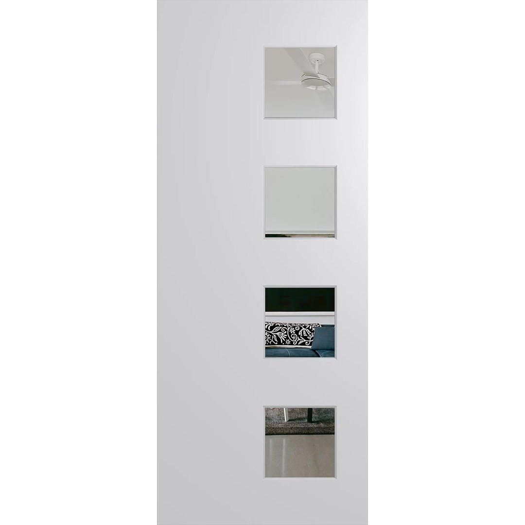 White door with glass panels featuring various designs on a white background. BFR407DuracoteClear.