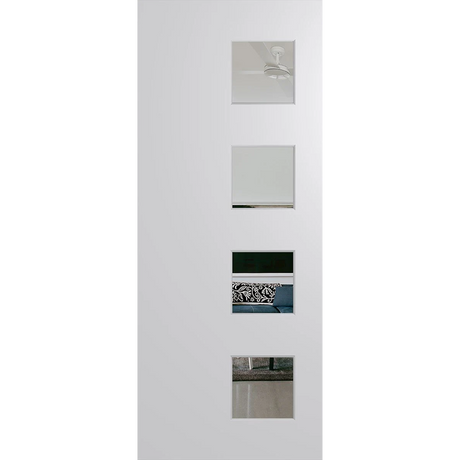 White door with glass panels featuring various designs on a white background. BFR407DuracoteClear.