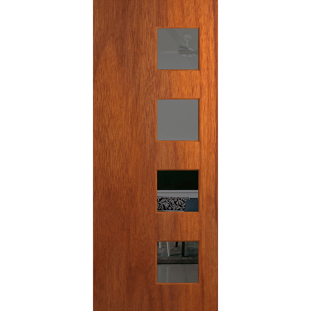 Wooden door with glass panels on a white background. BFR407MerbauGrey.