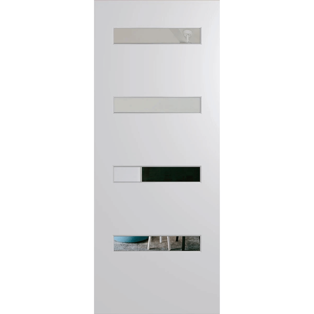 Modern white door with glass panels on a green background. BFR4_DuraXP_Clear