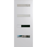 Modern white door with glass panels on a green background. BFR4_DuraXP_Clear