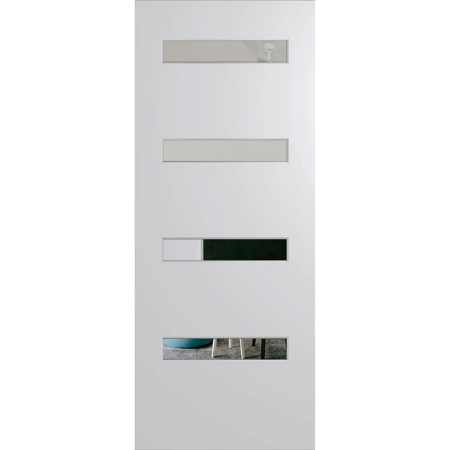 Modern white door with glass panels on a green background. BFR4_DuraXP_Clear