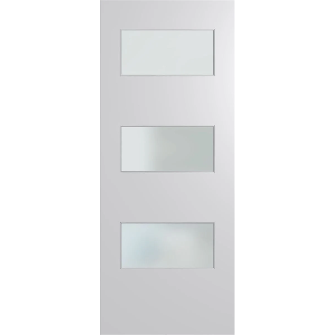 White door with three rectangular glass panels on a white background. BFR5DuraXPFrost.