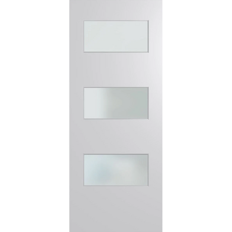 White door with three rectangular glass panels on a white background. BFR5DuraXPFrost.