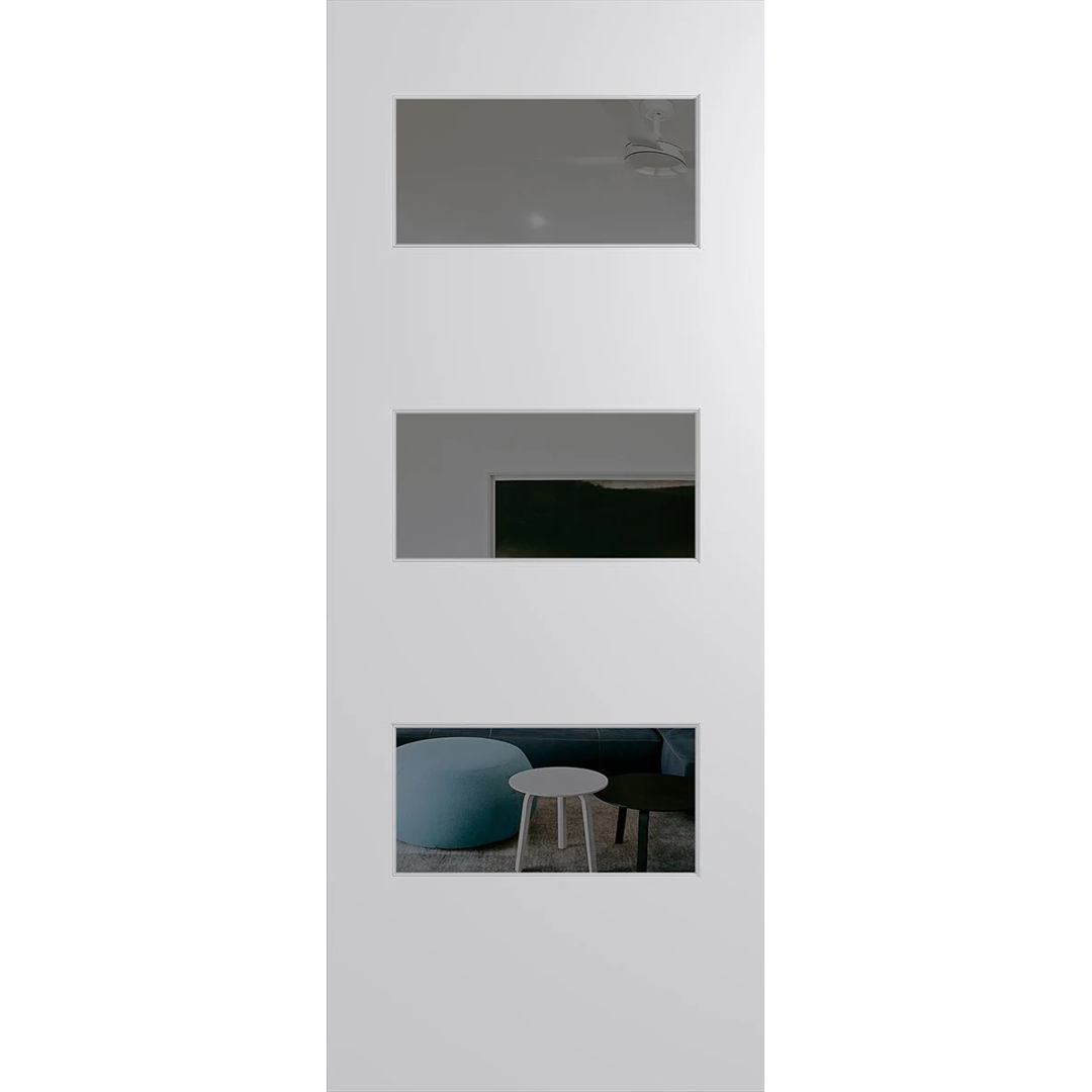 White door with three rectangular cutouts displaying different scenes. BFR5DuraXPGrey.