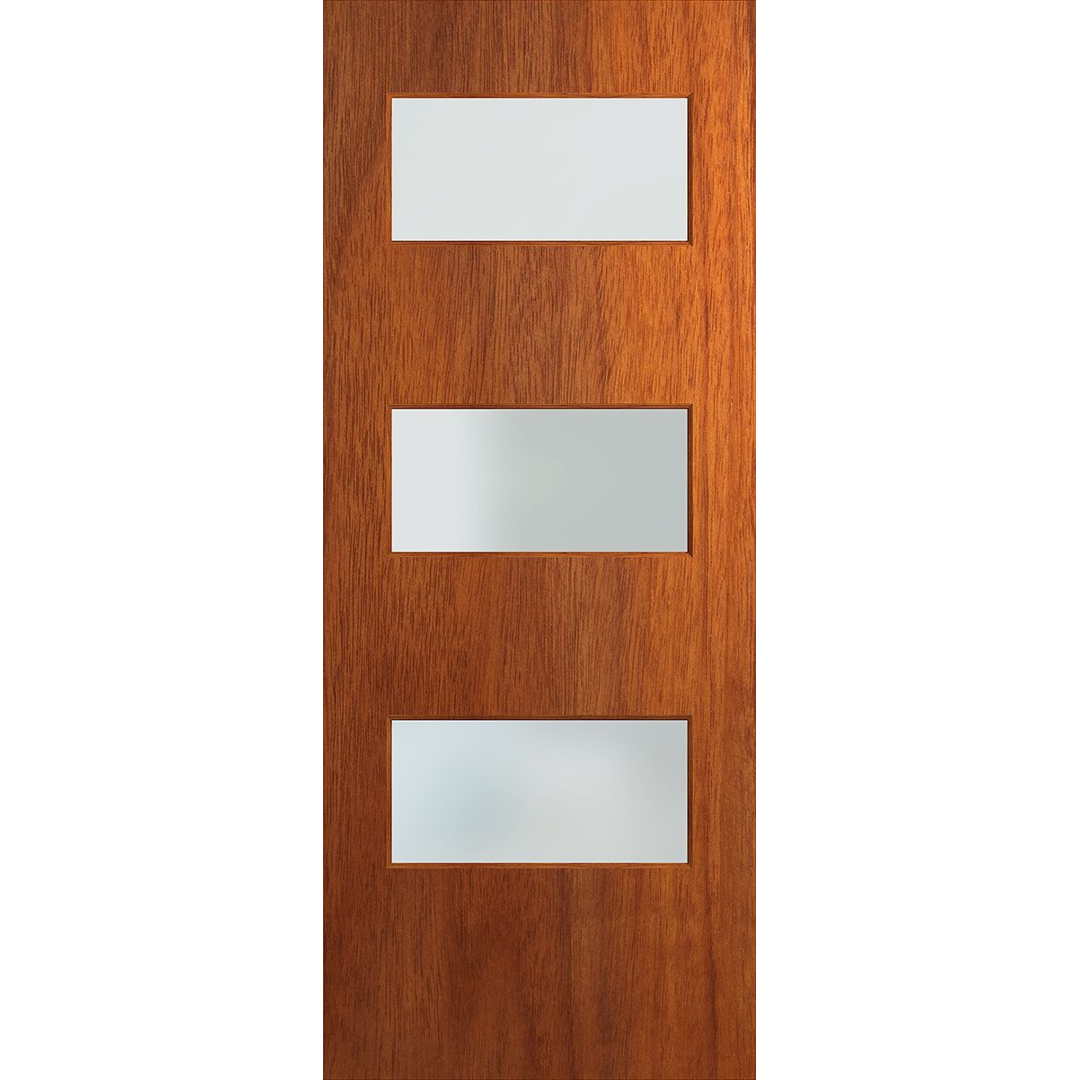 Wooden door with three rectangular glass panels on a white background. BFR5MerbauFrost.
