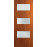 Wooden door with three rectangular glass panels on a white background. BFR5MerbauFrost.