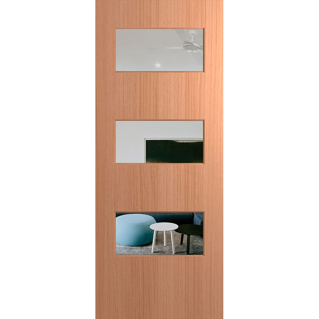 Wooden door with glass panels showing a room interior. BFR5SPMClear.