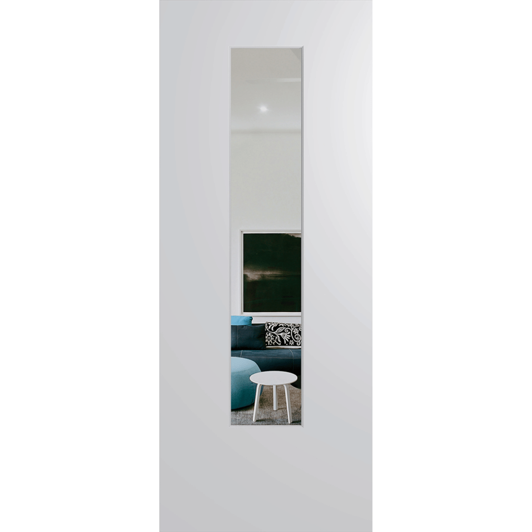Tall vertical mirror on a white door with a green background. BFR6DuraXPClear.