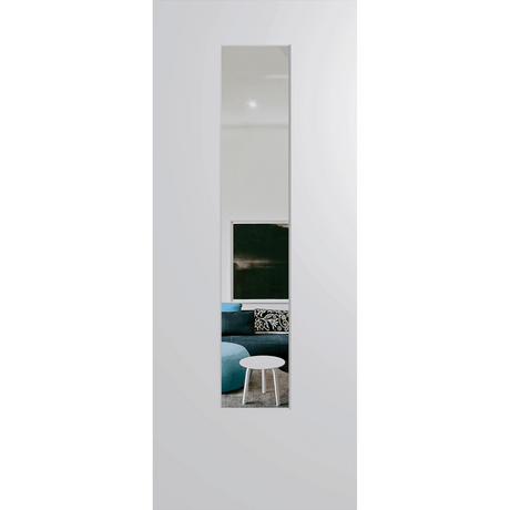 Tall vertical mirror on a white door with a green background. BFR6DuraXPClear.