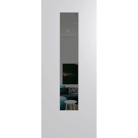 White door with a narrow glass panel on a green background. BFR6DuraXPGrey.